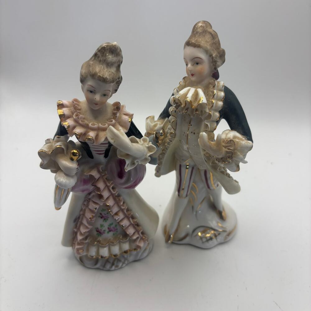 Vintage Porcelain Colonial Couple Figurines Pair Rococo Victorian Gold Floral 6"